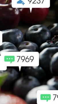 Vertical video: Camera pulling focus over berries while social alerts popping, showing engagement