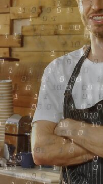 Barista in cafe, camera widening, revealing smile reacting to customer, binary digits over frame