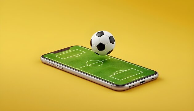 Football gameplay projected onto a modern smartphone screen featuring a miniature soccer ball hovering above the virtual pitch against a simple bright background