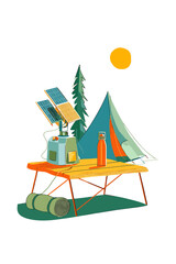 Fototapeta premium Solar-Powered Camping Fan on Campsite Table