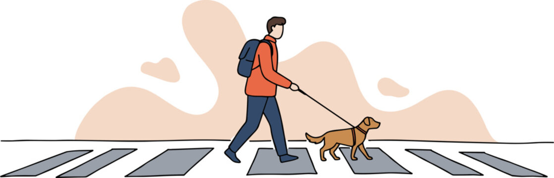 Person walking a dog on crosswalk with a warm background in a hand drawn style, isolated on transparent background