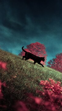 Black cat walking across a grassy hill under a vivid sky with red trees creating a surreal dreamlike landscape