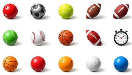 Fototapeta premium Assortment of various sporting equipment including colorful balls for different games and a timing stopwatch isolated on white