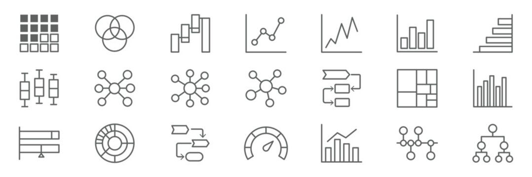 Advanced Data Visualization and Complex Chart Icon Set with Flowchart Network Diagram and Venn Symbols Modern Two Tone Vector for Cyber Tech Dashboard UI UX Analytics. editable stroke eps 10 vector