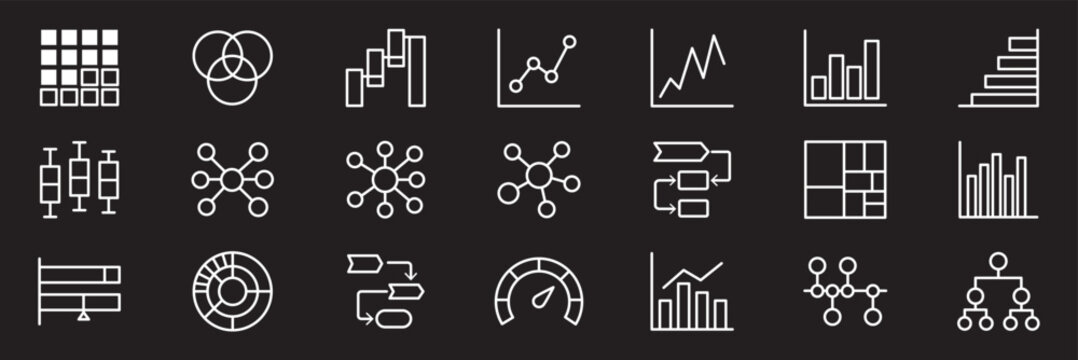 Advanced Data Visualization and Complex Chart Icon Set with Flowchart Network Diagram and Venn Symbols Modern Two Tone Vector for Cyber Tech Dashboard UI UX Analytics. editable stroke eps 10 vector