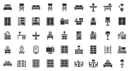 Full furniture icon set including bed, chair, sofa, table, lamp, wardrobe, bookshelf, cabinet, desk, nightstand, dressing table, mirror, TV stand, shoe rack, storage unit, dining set, office furniture © MDRAHMET