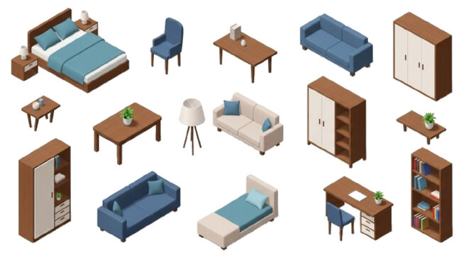 Full furniture collection isometric vector set, bed, chair, sofa, table, lamp, wardrobe, cabinet, desk, bookshelf, realistic 3D isometric style, soft shadows, modern interior furniture pack, clean det