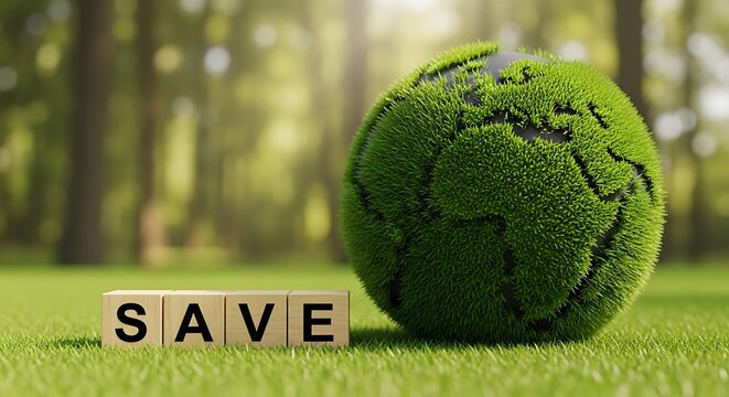 A green globe covered in grass and the word save on wooden blocks in a forest