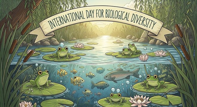 An illustration celebrating International Day for Biological Diversity with frogs, fish, and flowers in a serene pond ecosystem.