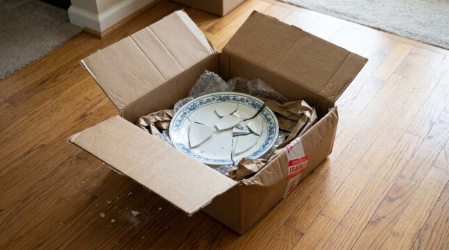Broken ceramic plate inside open cardboard box with packing materials, indicating damaged delivery on a wooden floor.