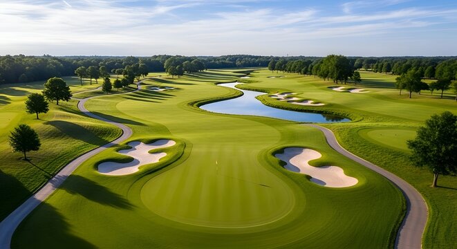 Aerial view of a pristine golf course with lush green fairways, sand bunkers, and a winding water hazard under a clear blue sky.