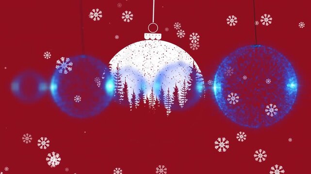 Digital animation of multiple baubles hanging over snowflakes falling against red background