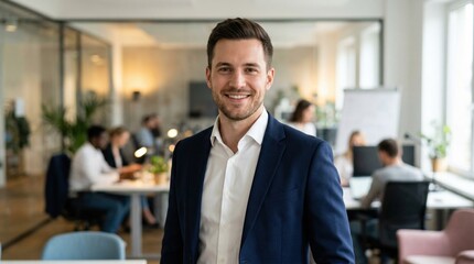 Fototapeta premium Young smiling businessman standing confidently in a modern office with colleagues working in the blurred background, looking at camera.