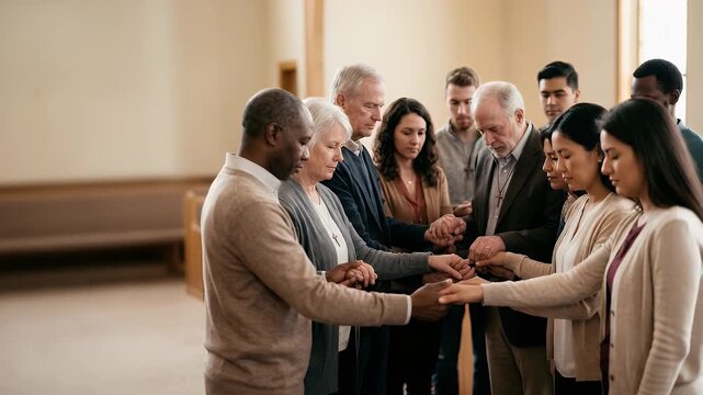 Congregation gathers hands linked for mutual prayer offering support unity and blessings within a faith community. concept as Diverse believers stand in solidarity petitioning for each others well bei