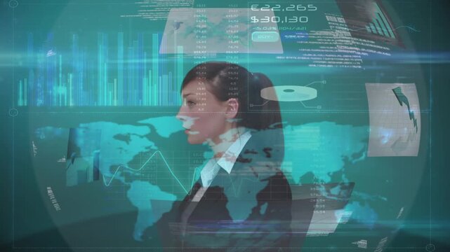 Animation of caucasian unk using tablet and data processing over man running by seaside