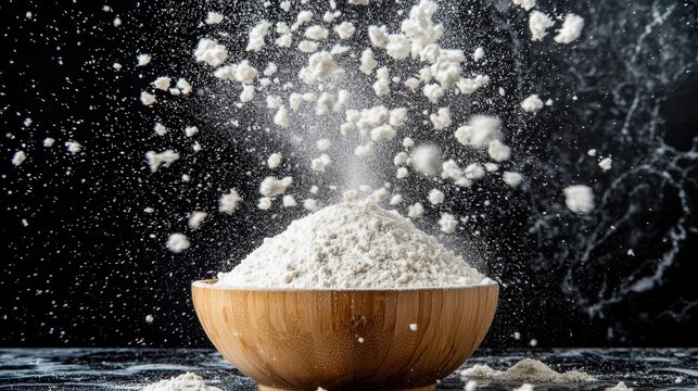 Falling flour dust erupting from bowl with individual particles visible dramatic motion capture dark backdrop scattered ingredients professional studio setup