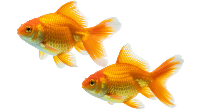 Two goldfish facing left orange yellow isolated on a transparent background