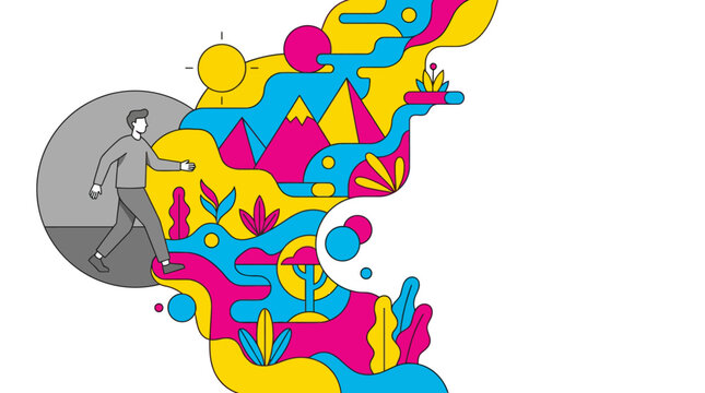 Man walking a colorful abstract nature path with mountains & sun, representing journey, progress & exploration, in modern flat CMYK vector illustration with copy space.