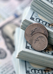 US coin lies among ten thousand dollars packs in stack on big amount of hundred dollar bills © Larysa