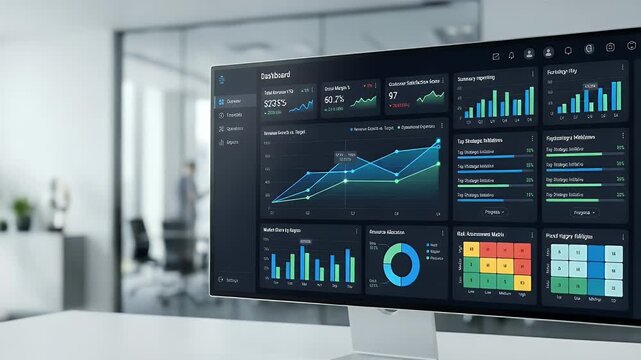 Generate a refined executive dashboard with tailored visual analytics comprehensive metrics and streamlined reporting modules to support strategic leadership decisions in dynamic environments in  Phot