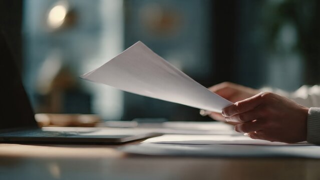 A professional is reviewing a financial document on a desk in an office