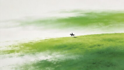 Fototapeta premium Person riding horse on green hill