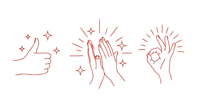 Set of Hand Gesture Icons Vector Illustration Thumbs Up, Clapping Hands, and Okay Sign in Red Outline Style