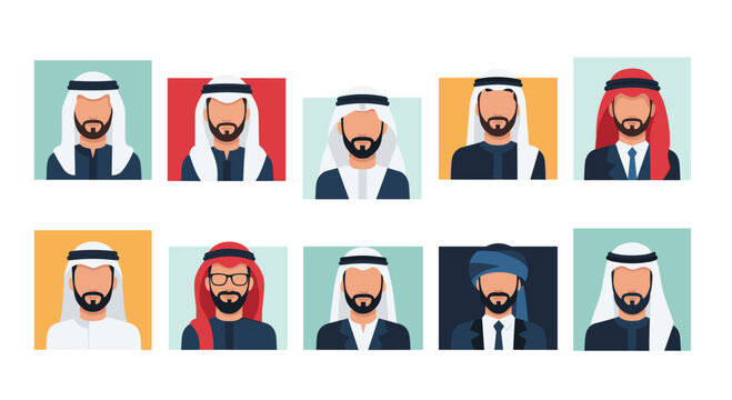 Collection of ten diverse male avatars representing different styles of Arab men with traditional headwear and business attire for profiles.