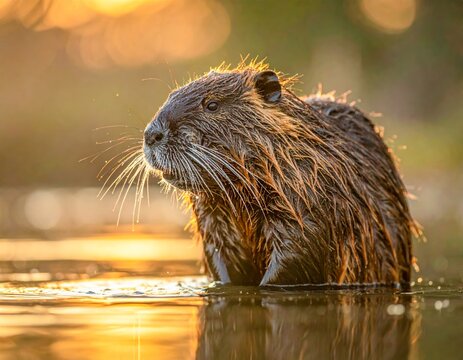 beaver Castor fiber  in water during golden hour sunset