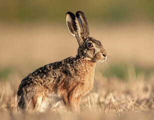 Obraz premium European hare standing watchful in a dry meadow at sunset