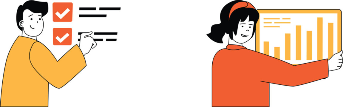 Collaborative teamwork between colleagues analyzing data and checking off task completion together happily