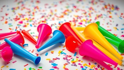 Fototapeta premium horns. Colorful party horns scattered on bright table with festive confetti background. lifestyle magazines, social media lookbooks, designed for influencer and brand collaborations.