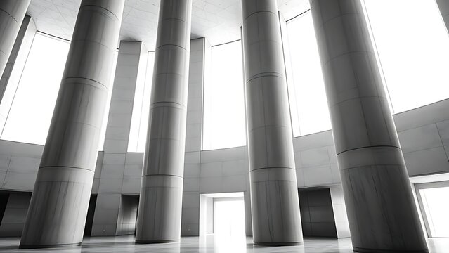 columns. A minimalist interior with striking concrete columns and soft light through geometric windows. real-estate listings.