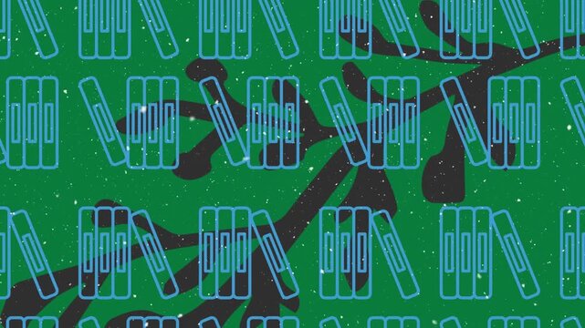 Animation of snow falling over book icons and plant on green background