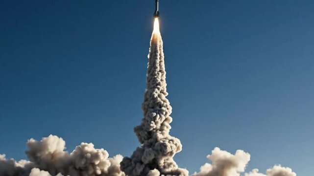 Rocket Launching Into Clear Blue Sky with Thick Smoke and Fire
