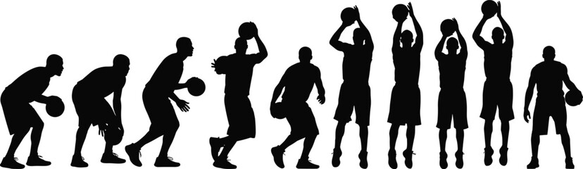 Basketball shooting motion sequence silhouettes showing dribbling, jump shot and follow through, dynamic sports action isolated on white background for training design © uzzala