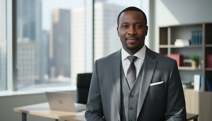 Fototapeta premium Confident Professional Black Male Lawyer Standing in Modern Law Office, Expert Legal Advocate, Justice System, Diverse Representation