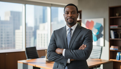 Fototapeta premium Confident Professional Black Male Lawyer Standing in Modern Law Office, Expert Legal Advocate, Justice System, Diverse Representation