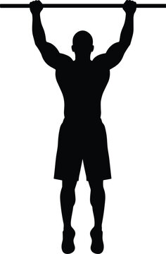 Black silhouette of athlete performing pull‑up exercise, fitness training illustration showing strength, posture, workout routine, upper body motion