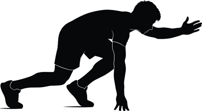 Black silhouette of sprinter in crouched starting position, dynamic sports illustration showing speed, readiness, athletic posture, competition concept