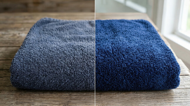 Split comparison of same blue towel showing faded worn texture versus vibrant fresh color, before and after laundry care or fabric restoration product demonstration concept