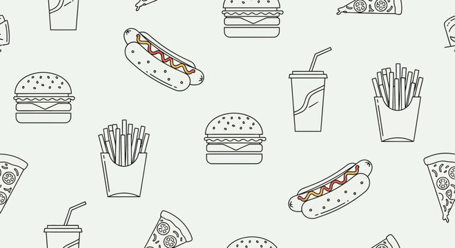 Fast Food Seamless Pattern with Hand Drawn Burger Hot Dog Pizza and Fries Outline Icons