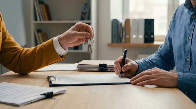 This capture depicts a pivotal moment in a real estate transaction, focusing on the human element of closing a deal. 