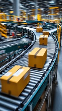 Cardboard parcels moving on curved conveyor belt in busy automated cargo warehouse with motion blur, modern logistics fulfillment center and e-commerce shipping infrastructure concept