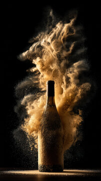 Dramatic artistic still life of wine bottle surrounded by golden dust explosion on black background, luxury beverage product photography with moody dark atmosphere