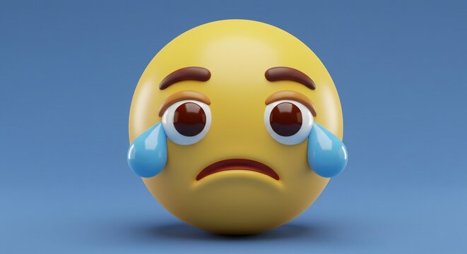 Sad emoticon character shedding tears on blue background emotionally