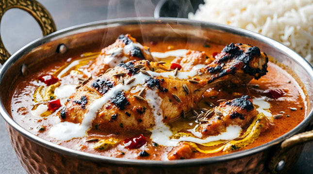 A steaming hot dish of chicken tikka masala in a copper pan with basmati rice in the background