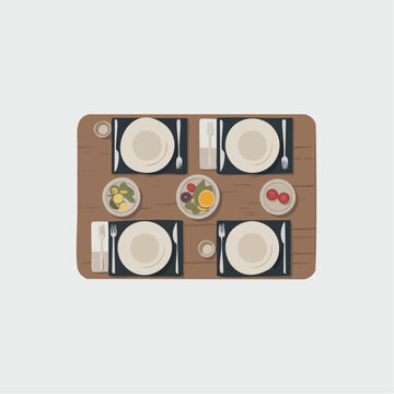 Colorful flat illustration of a wooden dining table set for four peopl