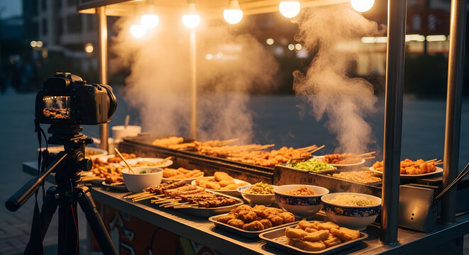Street food stall with camera recording the steaming food at dusk