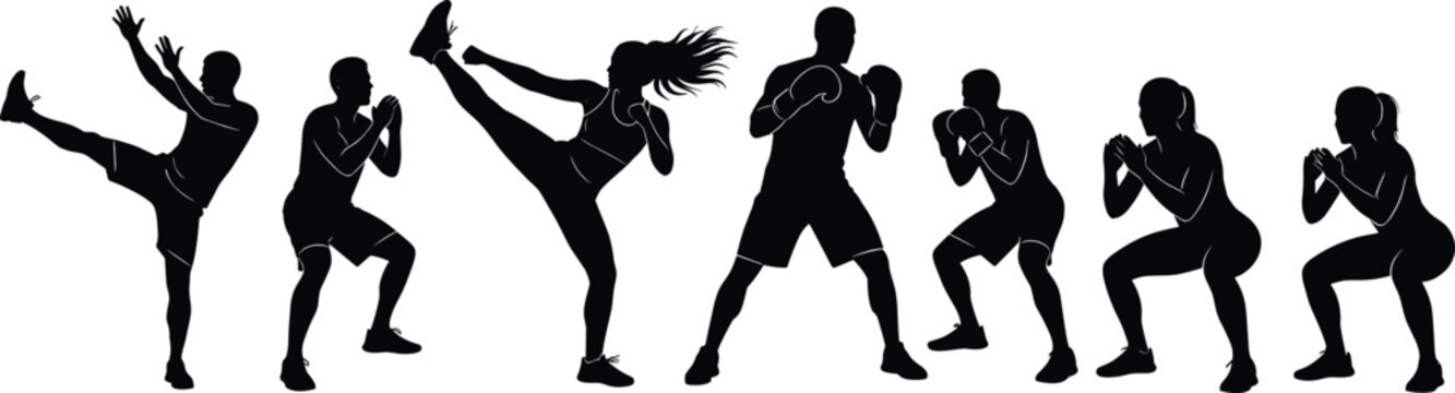 Collection of boxing and martial arts silhouettes, fighters in kicks and guard stances, combat training poses, dynamic sports action vector illustration set